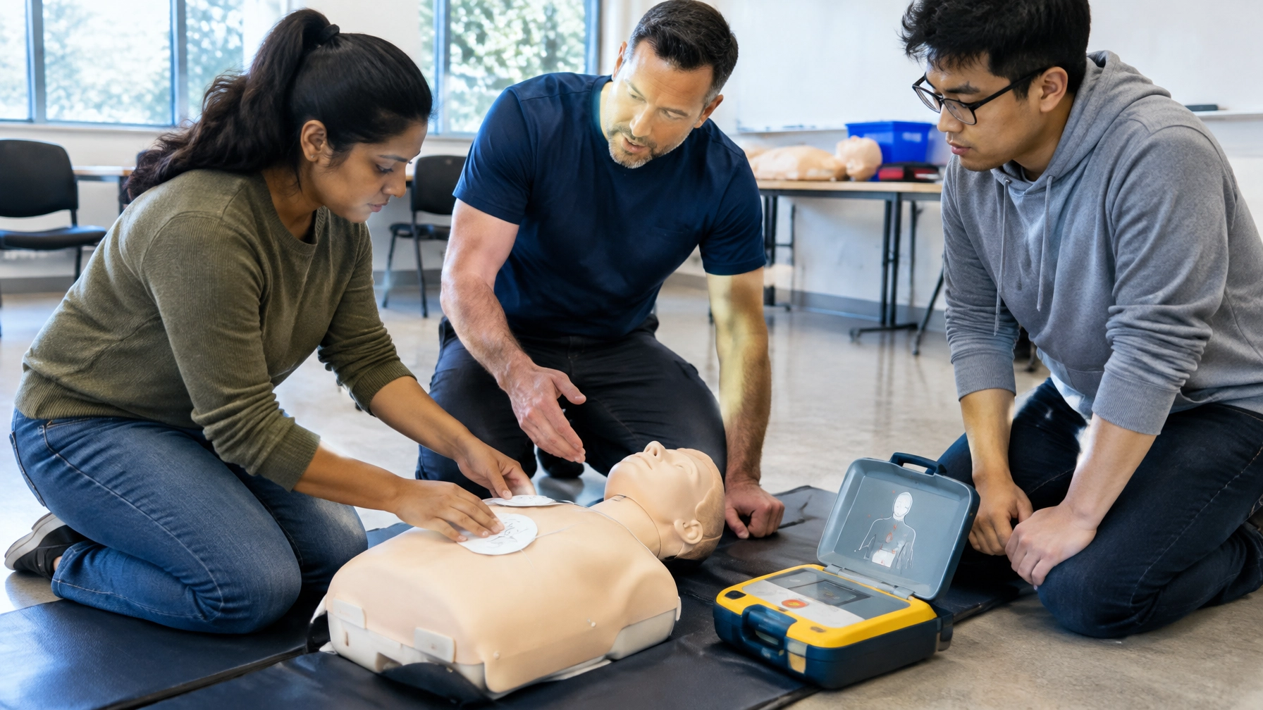 Instructor coaching learners during hands-on AED and CPR training.