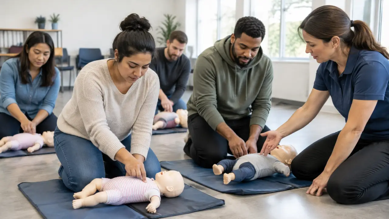 Parents and caregivers practicing pediatric CPR on infant training manikins during a community class.